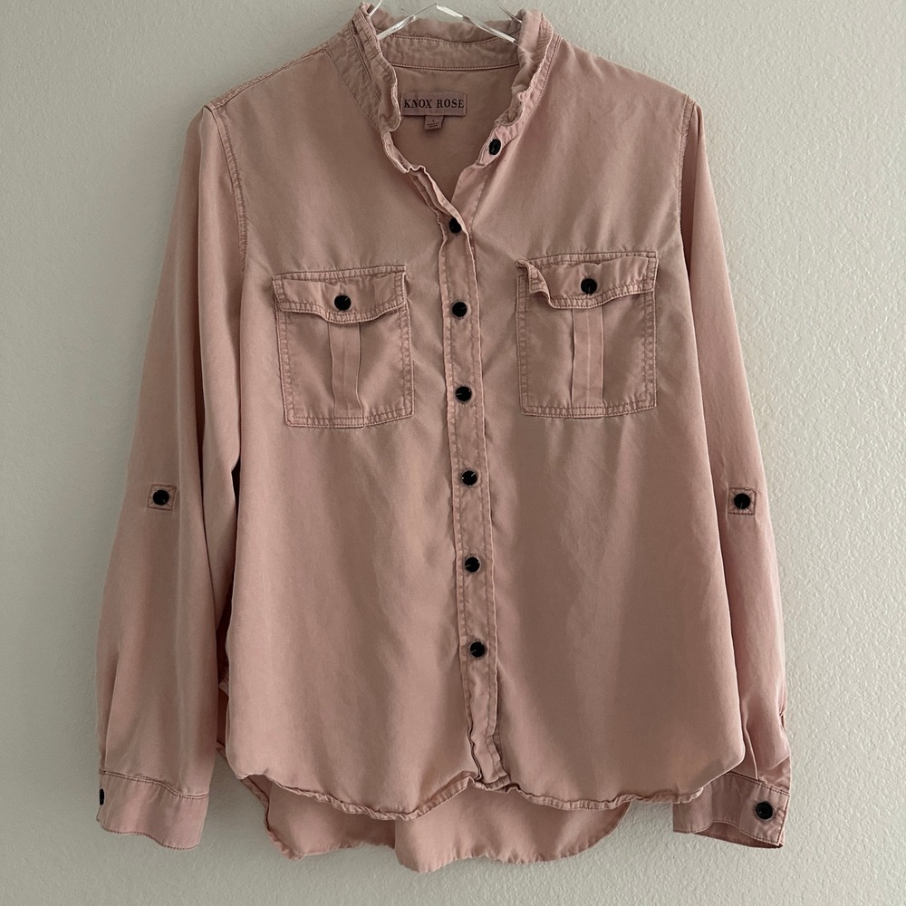 Knox Rose Button Down Shirt Women Large Pink Roll Tab Sleeve Lyocell